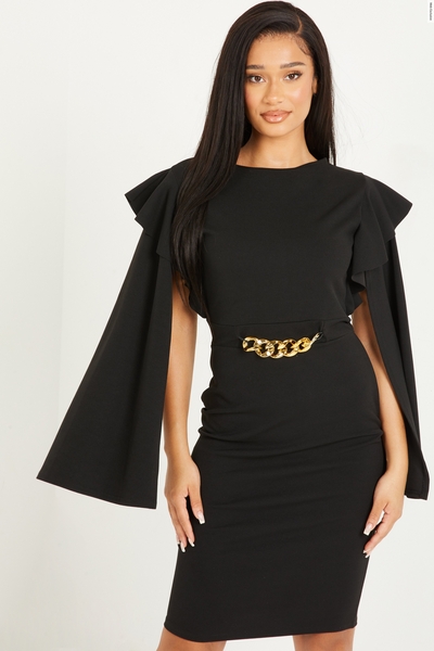 Black Frill Sleeve Midi Dress